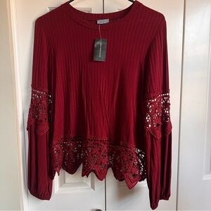 Abbeline Red/Maroon Lace Trim Women's Top